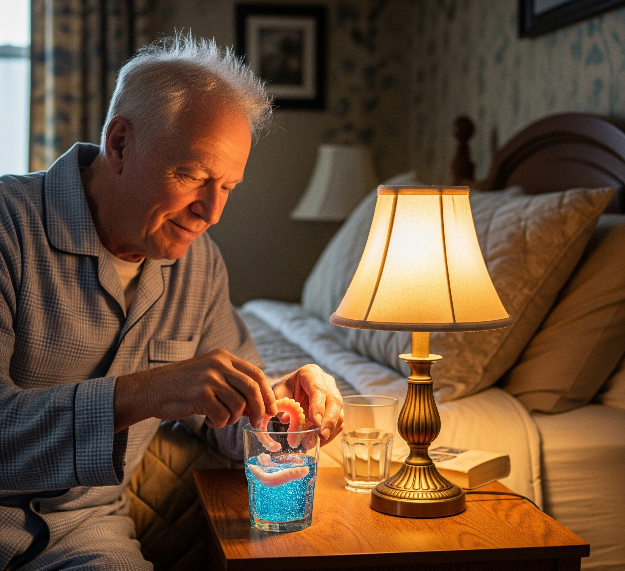 Patient removing dentures before bed to avoid sleeping with dentures
